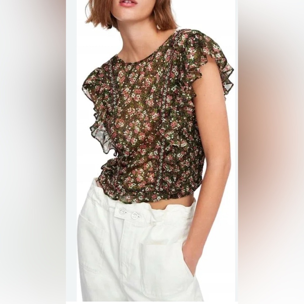 Zara Sheer Beaded Floral Ruffled Top Blouse M
